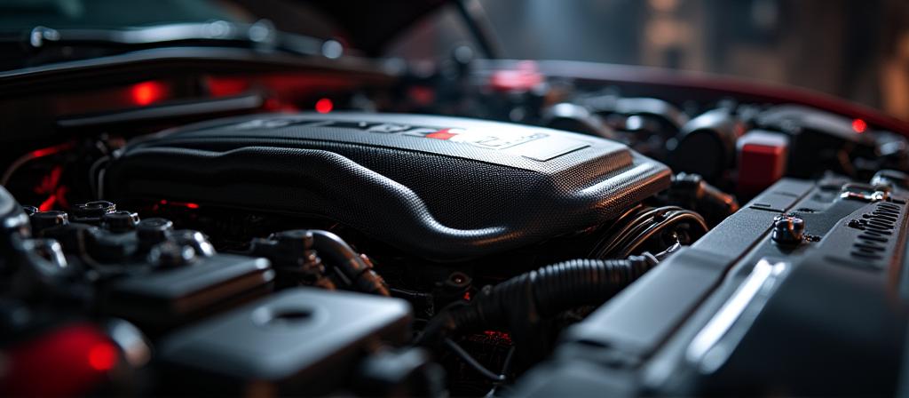 Close-up van een motorcompartiment met technische precisie